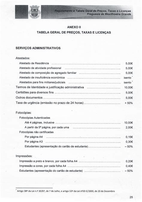 Tabela de Taxas e Licenças