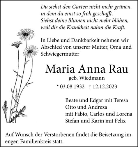 Traueranzeigen Von Maria Anna Rau S Dwest Presse Trauer