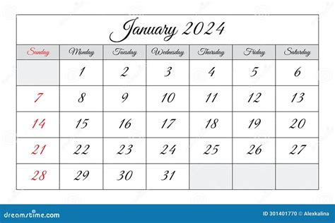 January 2024 ENGLISH Month Calendar. Vector Printable Illustration ...