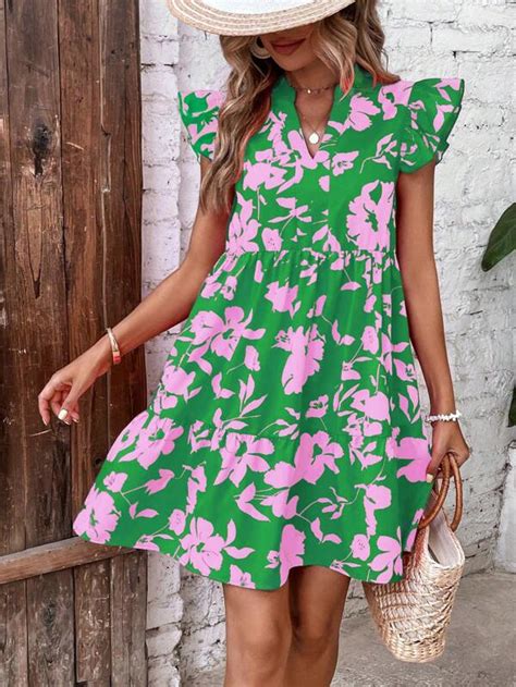 Shein Lune Vestido Smock Con Estampado Floral De Cuello De Muesca