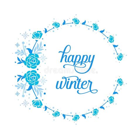 Concept Of Card Happy Winter With Graphic Ornate Of Blue Flower Frame