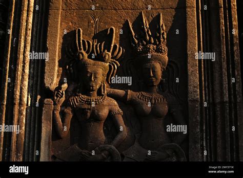 Ancient Stone Murals Dancing Apsara Fairy Carving At The Angkor Wat