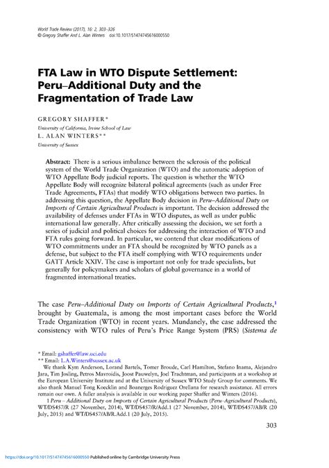 FTA Law In WTO Dispute Settlement Peru Additional Duty And The