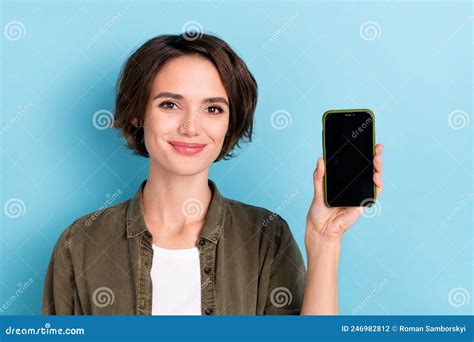 Photo Of Pretty Millennial Short Hairstyle Lady Show Telephone Wear