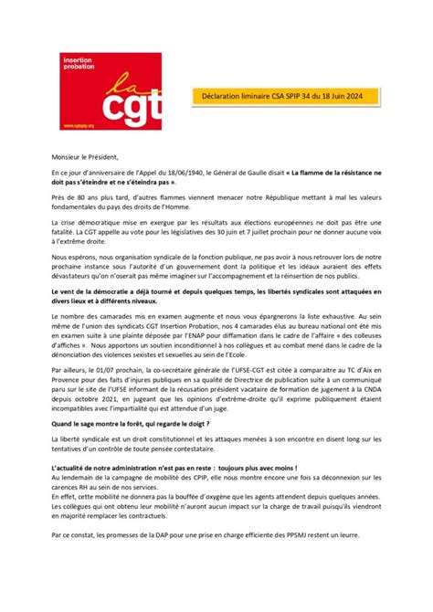 DECLARATION LIMINAIRE DU CSA SPIP 34 DU 18 JUIN 2024 CGT Insertion