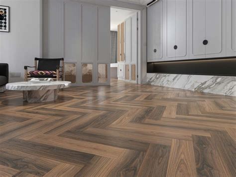 Walnut Herringbone Wood Look Rigid Core Vinyl Flooring Step Guard