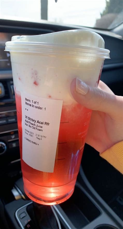 Strawberry Acai Refresher With Peach Juice Vanilla Sweet Cream Cold