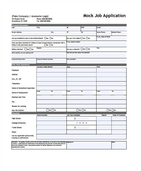 Free 10 Sample Standard Job Application Forms In Pdf Ms Word Excel