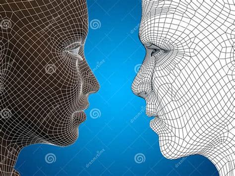 Conceptual 3d Wireframe Or Mesh Human Male And Female Head Stock