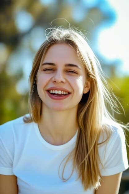 Close Up Of Person Smiling With Tree In The Back Ground Premium Ai