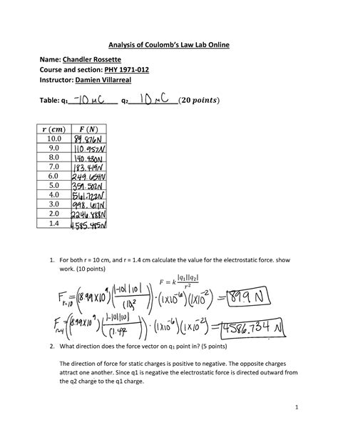 Fall2023 Coulombs Law Lab Online 1 Analysis Of Coulombs Law Lab