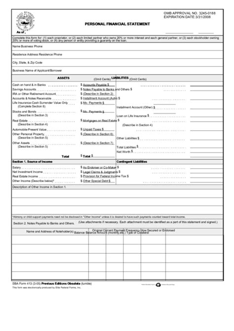 Fillable Sba Form 413 Personal Financial Statement 2005 Printable