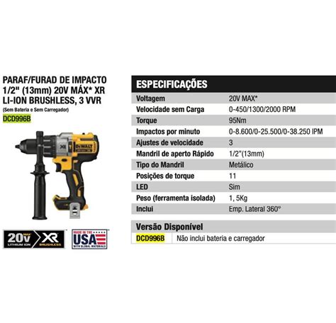 Parafusadeira Furadeira DCD996B De Impacto 1 2 13mm 20V Dewalt