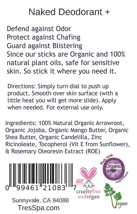 Organic Deodorant Naked Unscented Vegan Tres Spa Store