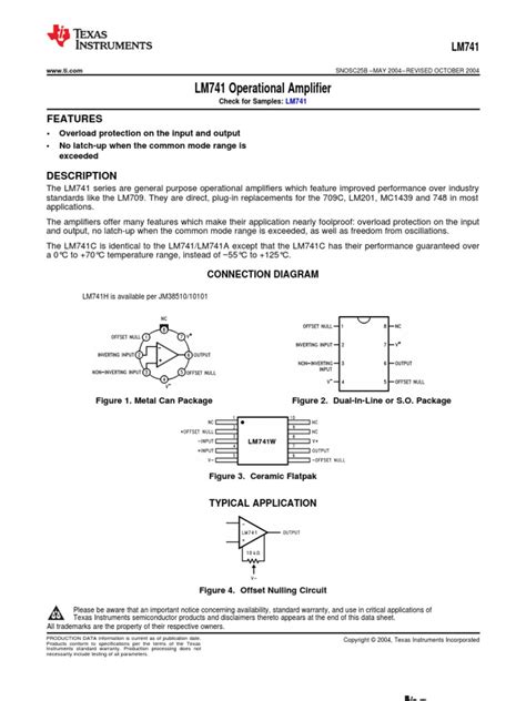 Lm741 Datasheet Operational Amplifier Electricity