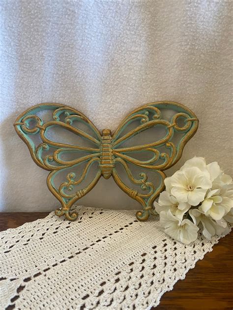 Aqua Blue Butterfly With Antique Gold Accents Wall Decor Home Interior