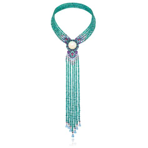 Red Carpet white opal and emerald bead tie-necklace | Chopard | The