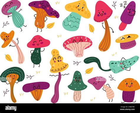 Cute mushrooms characters. Funny cartoon forest fungus, fairytale ...