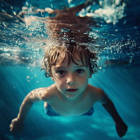 Un Ni O Nadando Bajo El Agua En Una Piscina Con Burbujas Imagen