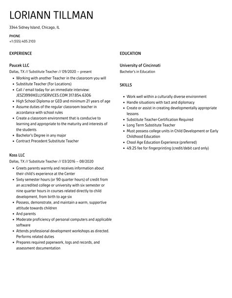 Substitute Teacher Resume Samples Velvet Jobs