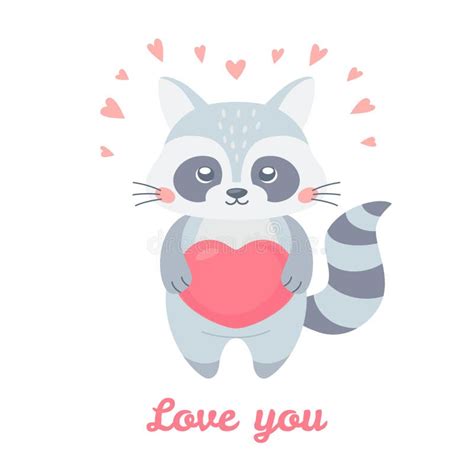 Cute Raccoon Holding Heart In Hand Drawn Cartoon Style Perfect For