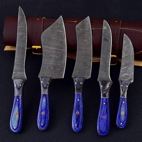 Handmade Walnut Wood Handle 5 Piece Damascus Chef Set Damascus Chef Knife