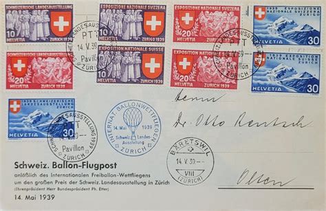 Vol Luftpost Bäretswil 1939 Zürich Pavillon PTT Ballon Flugp Kaufen