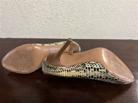 Coach Ny Nala Brown Tan Snakeskin Print Heels Pumps Gem