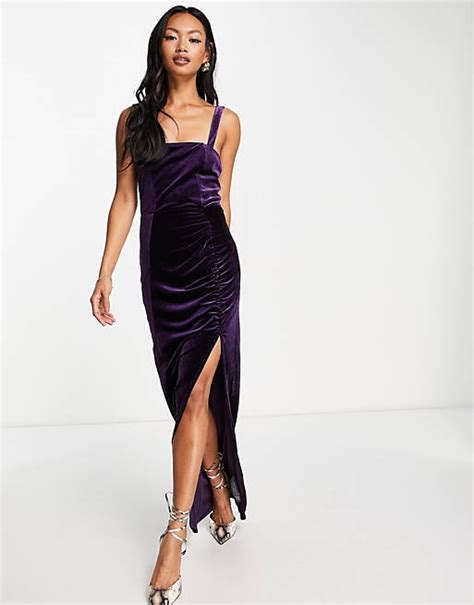 Asos Design Cami Ruched Velvet Midi Dress In Dark Purple Asos