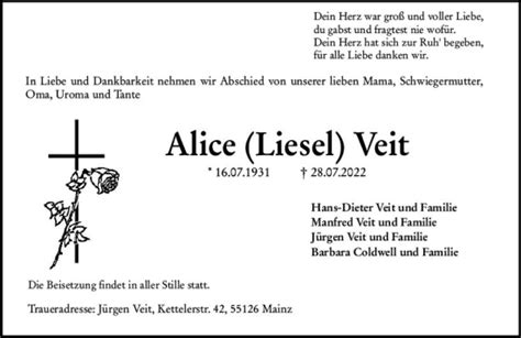 Traueranzeigen Von Alice Veit Vrm Trauer De