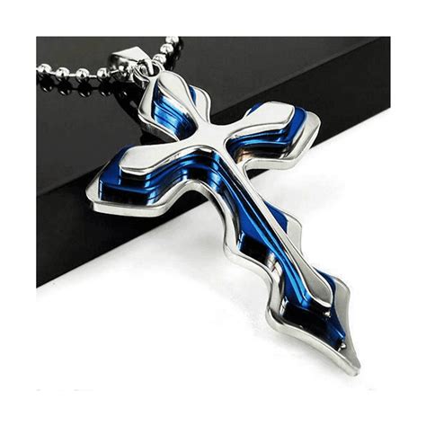 Jkmg Cross Pendant Necklace Silver And Blue Stainless Steel Chain