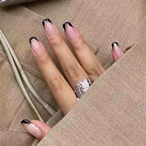 Black French Tip Coffin Press On Nails Kit In Nail Kit Press On