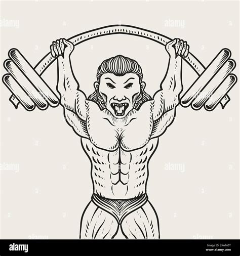 Illustration Bodybuilder Lifting A Very Heavy Barbell Black And White