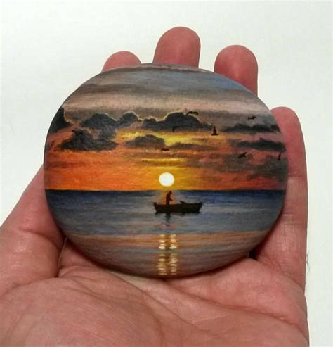 Fishing At Sunset Acrylic Miniature Painting On Flat Sea Stone