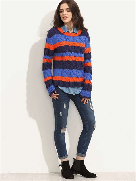 Multicolor Stripe Cable Knit Long Sleeve Sweater Sheinsheinside