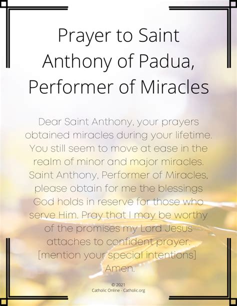 Prayer to Saint Anthony of Padua, Performer of Miracles (FREE PDF ...