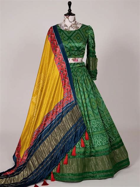 Green Color Bandhani Printed Pure Gaji Silk Gujarati Chaniya Choli At