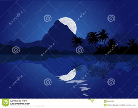 Nachtberglandschaft Mit Vollmond Und Reflexion Im Wasser Vektor