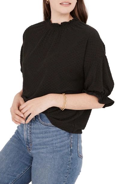 Madewell Texture And Thread Clip Dot Ruffle Top In True Black Modesens