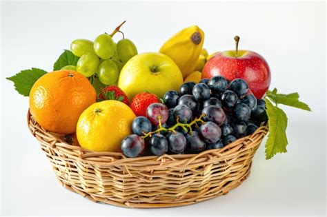 Frutas Variadas En Una Canasta De Mimbre Sobre Un Fondo Blanco Imagen