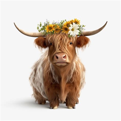 Premium Ai Image Cute Highland Cow Flowers White Background Generative Ai