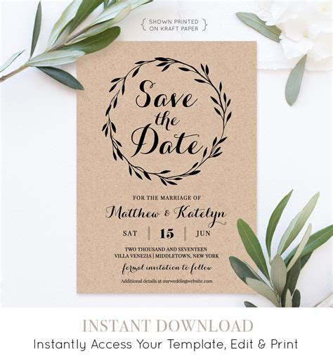 Rustic Save the Date Template, Instant Download, DIY Kraft, Printable ...