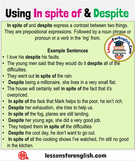 a poster with the words using in spite of and despisite