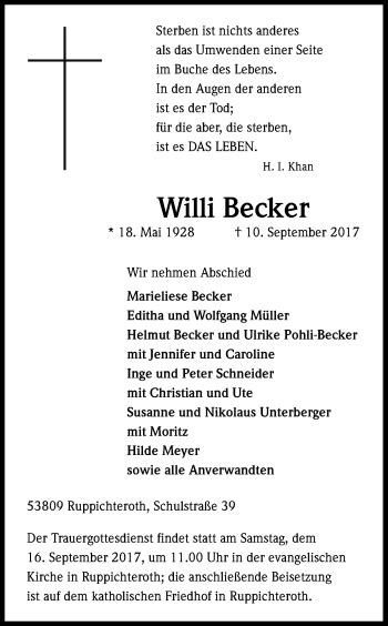 Traueranzeigen Von Willi Becker WirTrauern