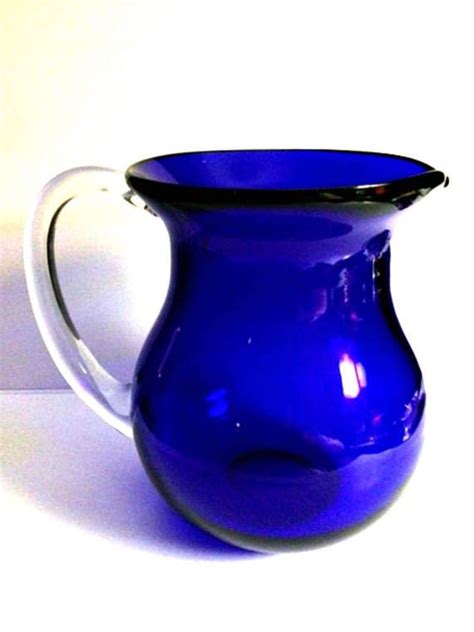 Vintage Cobalt Blue Pitcher Hand Blown Applied Clear Handle Blue Glassware Blue Pitcher Blue