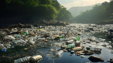 Garbage On The River Plastic Water Bottles Pollution Environment