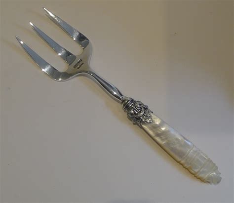 Antique English Mother Of Pearl And Sterling Silver Bread Serving Fork