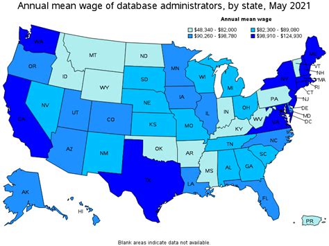 Map Of Annual Mean Wages Of Database Administrators By State May 2021