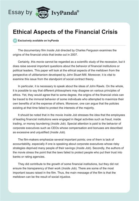 Ethical Aspects Of The Financial Crisis 826 Words Essay Example