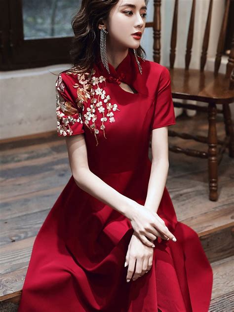 Burgundy Embroidered Midi A Line Qipao Cheongsam Wedding Dress Cozyladywear